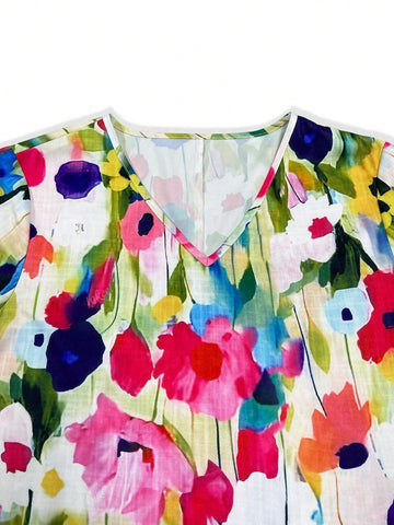 Printed V-Neck Flare Sleeve Dress