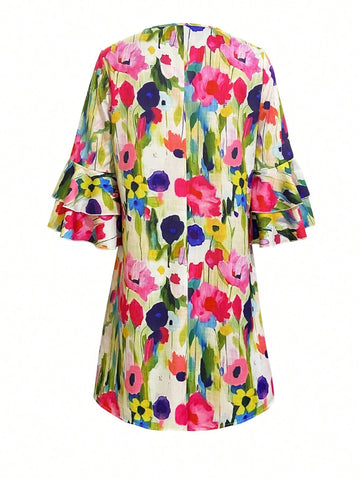 Printed V-Neck Flare Sleeve Dress
