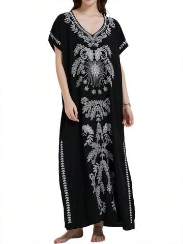 Printed V-Neck Summer Dress With Large Hem