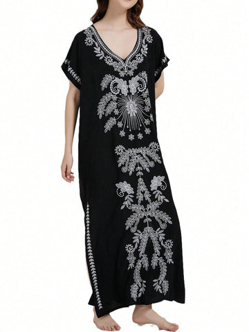 Printed V-Neck Summer Dress With Large Hem