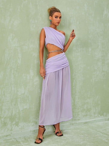 Psyche One Shoulder Chain Maxi Dress In Lavender