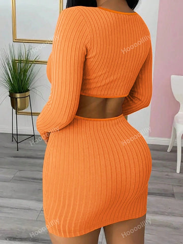 Pure Color Ribbed Drawstring Pencil Skirt Dress With A Waist Cutout And A Sleek Design For Sophisticated Women Of Color