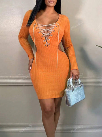 Pure Color Ribbed Drawstring Pencil Skirt Dress With A Waist Cutout And A Sleek Design For Sophisticated Women Of Color
