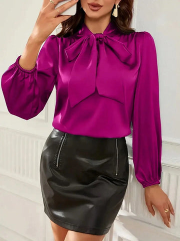 Pure Solid Color Spring And Autumn Long-Sleeve Women Shirt, Tailored To Fit, With A Celebratory Bow Tie On The Chest Tops