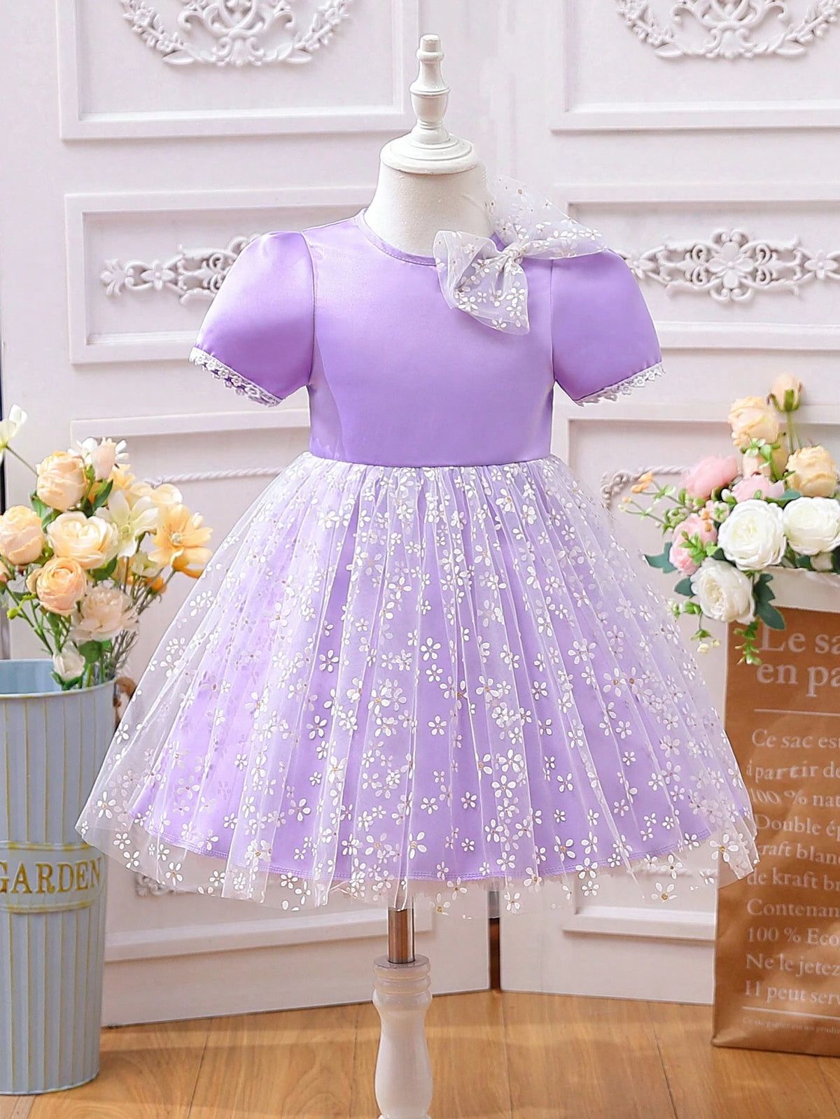 Purple And Lovely Puff Sleeve Mesh Lace Bowknot Dress For Girls, Spring/Summer Collection, Suitable For Weddings, Parties, Banquets, Outings, Photo Shoots