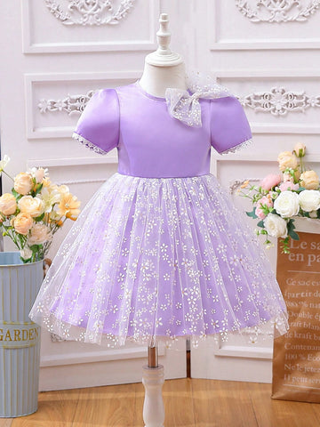 Purple And Lovely Puff Sleeve Mesh Lace Bowknot Dress For Girls, Spring/Summer Collection, Suitable For Weddings, Parties, Banquets, Outings, Photo Shoots