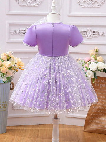 Purple And Lovely Puff Sleeve Mesh Lace Bowknot Dress For Girls, Spring/Summer Collection, Suitable For Weddings, Parties, Banquets, Outings, Photo Shoots