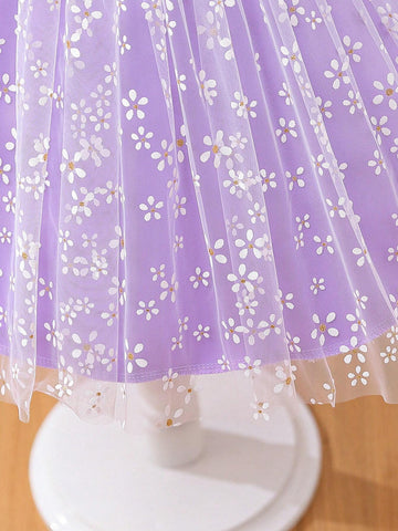 Purple And Lovely Puff Sleeve Mesh Lace Bowknot Dress For Girls, Spring/Summer Collection, Suitable For Weddings, Parties, Banquets, Outings, Photo Shoots