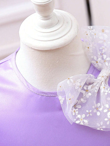 Purple And Lovely Puff Sleeve Mesh Lace Bowknot Dress For Girls, Spring/Summer Collection, Suitable For Weddings, Parties, Banquets, Outings, Photo Shoots