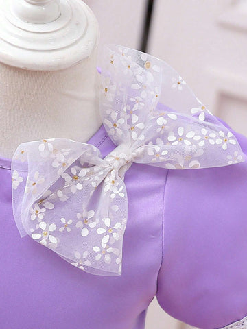 Purple And Lovely Puff Sleeve Mesh Lace Bowknot Dress For Girls, Spring/Summer Collection, Suitable For Weddings, Parties, Banquets, Outings, Photo Shoots