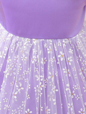 Purple And Lovely Puff Sleeve Mesh Lace Bowknot Dress For Girls, Spring/Summer Collection, Suitable For Weddings, Parties, Banquets, Outings, Photo Shoots