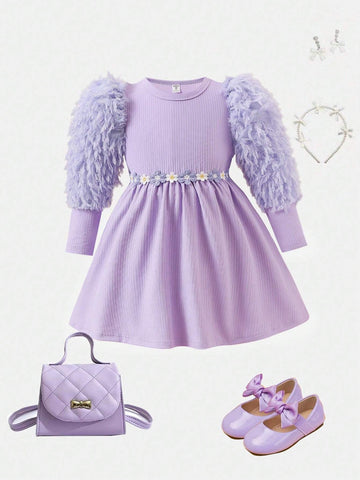 Purple Feather Trim Girls Dress