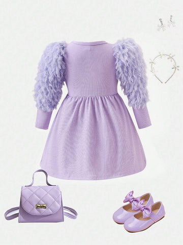 Purple Feather Trim Girls Dress
