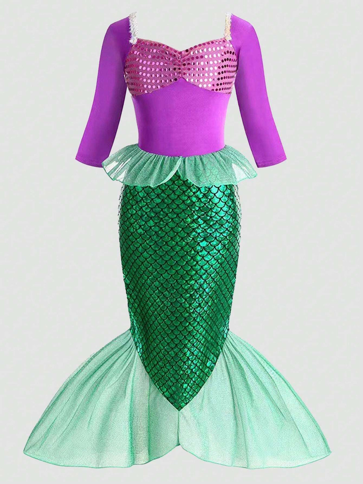 Purple Mermaid Scale Print Long Sleeve Girl Formal Dress