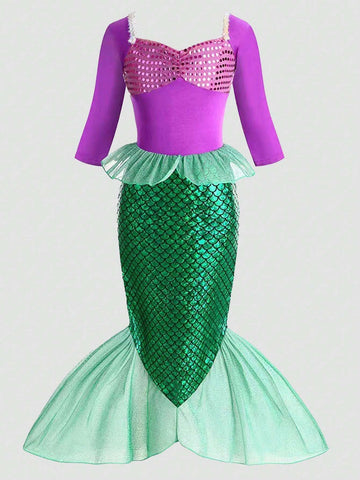 Purple Mermaid Scale Print Long Sleeve Girl Formal Dress