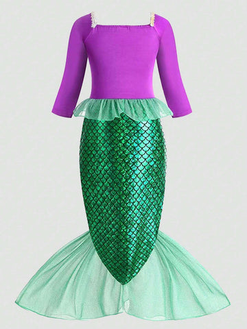 Purple Mermaid Scale Print Long Sleeve Girl Formal Dress