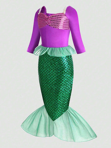 Purple Mermaid Scale Print Long Sleeve Girl Formal Dress