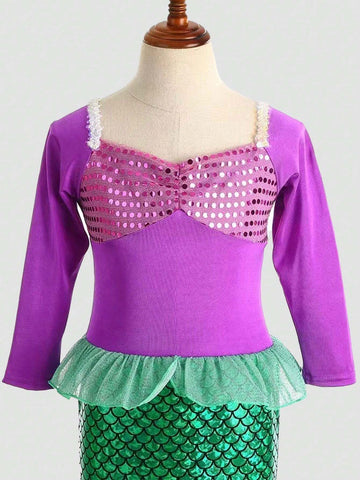 Purple Mermaid Scale Print Long Sleeve Girl Formal Dress
