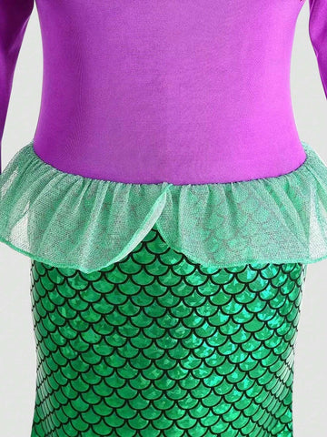 Purple Mermaid Scale Print Long Sleeve Girl Formal Dress