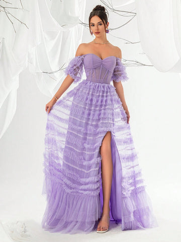 Purple Mesh Mermaid Style Women's Evening Party Dress
