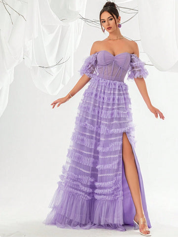 Purple Mesh Mermaid Style Women's Evening Party Dress