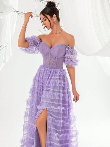 Purple Mesh Mermaid Style Women's Evening Party Dress