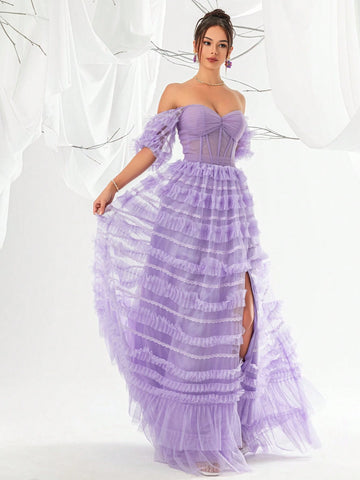 Purple Mesh Mermaid Style Women's Evening Party Dress