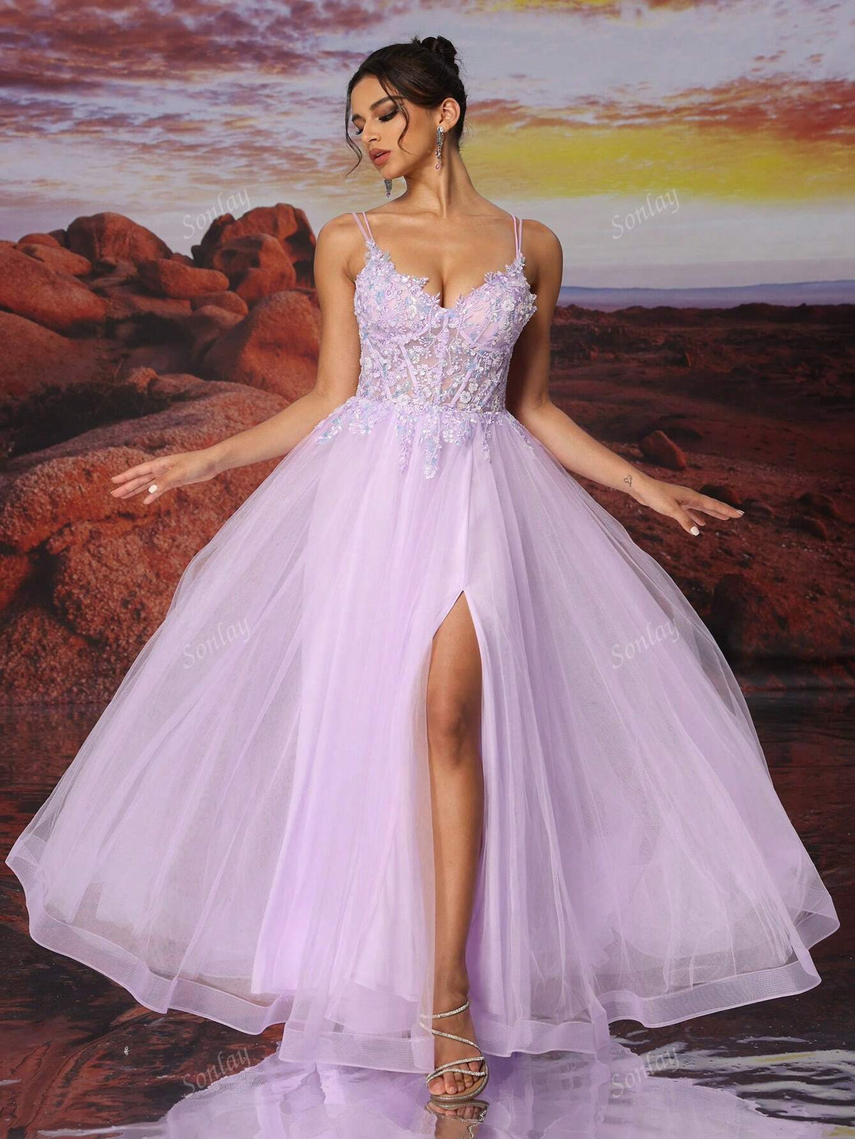 Purple Slip Dress Tulle Long A Line Sparkly Bead Embroidery Ball Dress