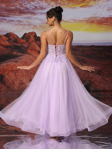 Purple Slip Dress Tulle Long A Line Sparkly Bead Embroidery Ball Dress