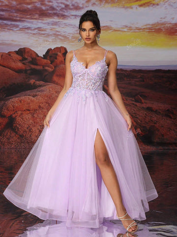 Purple Slip Dress Tulle Long A Line Sparkly Bead Embroidery Ball Dress