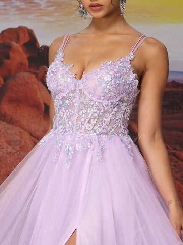Purple Slip Dress Tulle Long A Line Sparkly Bead Embroidery Ball Dress