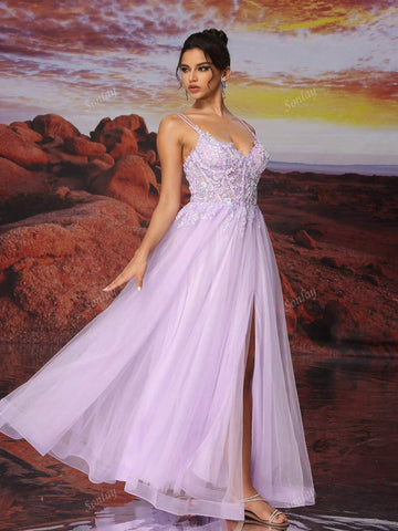 Purple Slip Dress Tulle Long A Line Sparkly Bead Embroidery Ball Dress