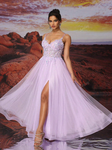 Purple Slip Dress Tulle Long A Line Sparkly Bead Embroidery Ball Dress