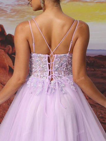 Purple Slip Dress Tulle Long A Line Sparkly Bead Embroidery Ball Dress