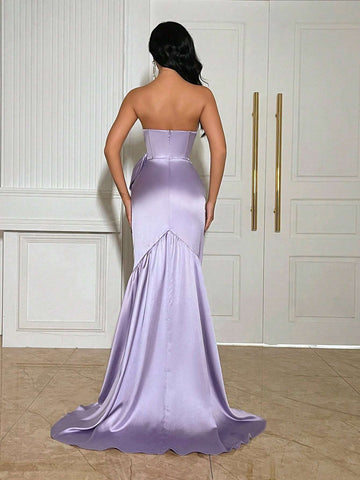 Purple Strapless Bridesmaid Dress With High Slit And Bow