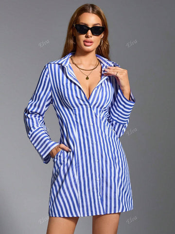 QIANZHIDU Striped Short Shirt Dress, Casual Yet Elegant For Business & Commuting