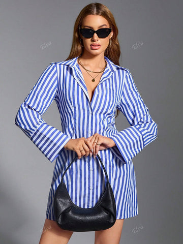 QIANZHIDU Striped Short Shirt Dress, Casual Yet Elegant For Business & Commuting