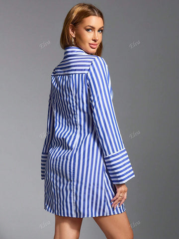 QIANZHIDU Striped Short Shirt Dress, Casual Yet Elegant For Business & Commuting