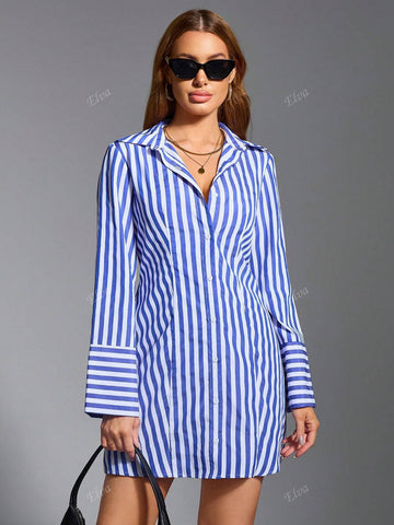 QIANZHIDU Striped Short Shirt Dress, Casual Yet Elegant For Business & Commuting