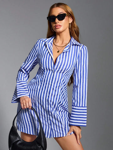 QIANZHIDU Striped Short Shirt Dress, Casual Yet Elegant For Business & Commuting