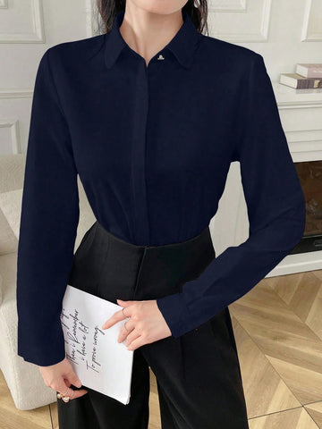 Women'S Shirt Solid Color Long Sleeved Business Interview Commuting Casual Relaxed Feeling Simple Elegant Spring Summer Autumn Shirt