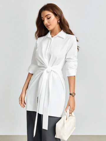 Women Solid Color Twist Waist Long Sleeve Loose Office Blouse, Autumn