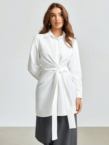 Women Solid Color Twist Waist Long Sleeve Loose Office Blouse, Autumn
