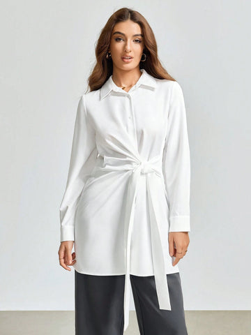 Women Solid Color Twist Waist Long Sleeve Loose Office Blouse, Autumn