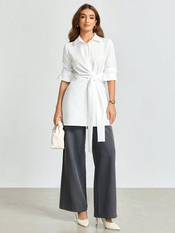 Women Solid Color Twist Waist Long Sleeve Loose Office Blouse, Autumn