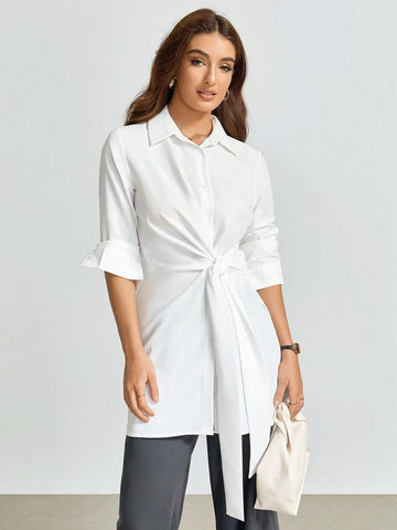 Women Solid Color Twist Waist Long Sleeve Loose Office Blouse, Autumn