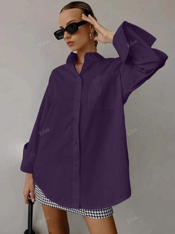 Women's Casual Solid Color Loose Blouse Shirt, Suitable For Commuting, Autumn