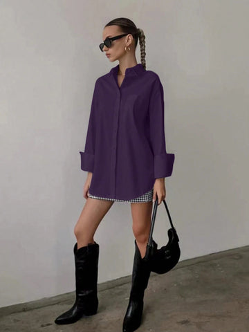 Women's Casual Solid Color Loose Blouse Shirt, Suitable For Commuting, Autumn