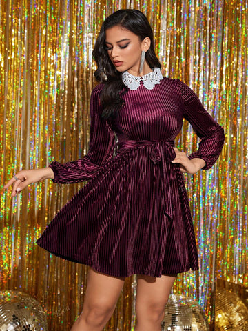 QIANZHIDU Women's Elegant Long Sleeve Lace Patchwork Belted Dress