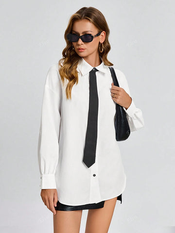 Women's French Casual Solid Color Blouse With Tie, Business Interview Commute Relaxed Style Minimalist Elegant Mature Blouse, Spring/Autumn